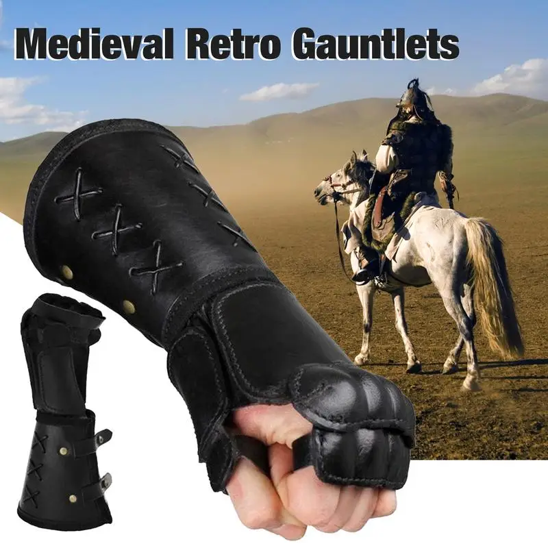 Guantes medievales largos de cuero Artificial, protector de muñeca vikingo Steampunk, guantelete vikingo Medieval, Cosplay, tirantes para brazos, novedad