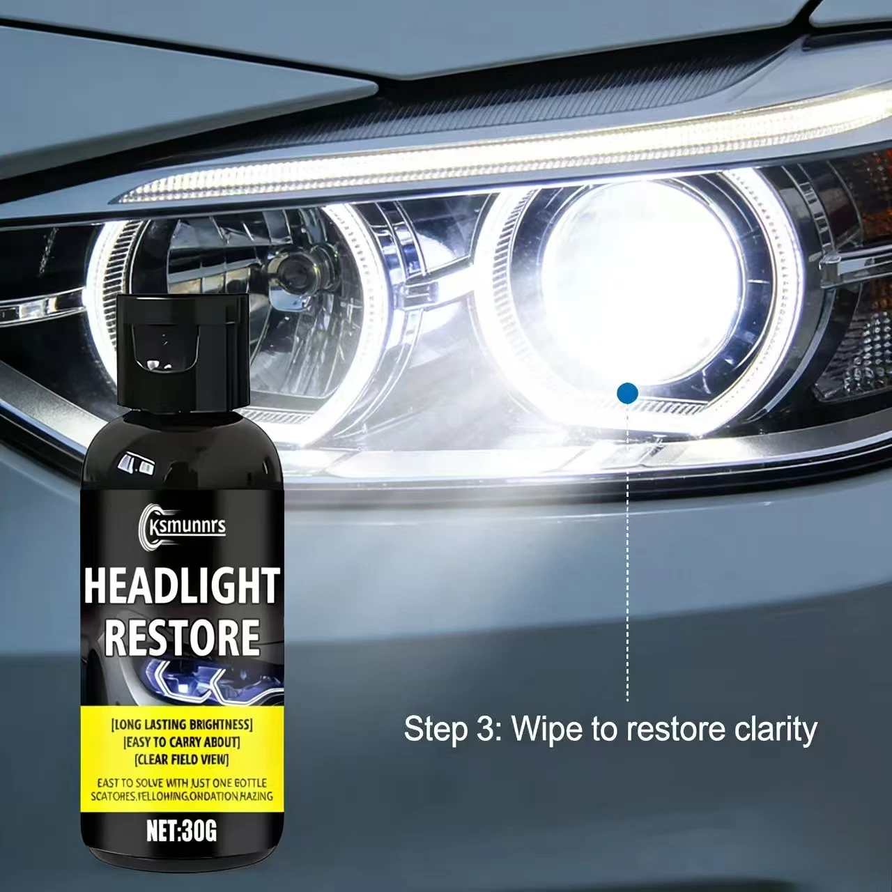 30G Ksmunns Headlight Restore for BMW Toyota – Long-Lasting Brightness, Easy to Carry, Solve Scratches/Yellowing, Auto Lamp Care