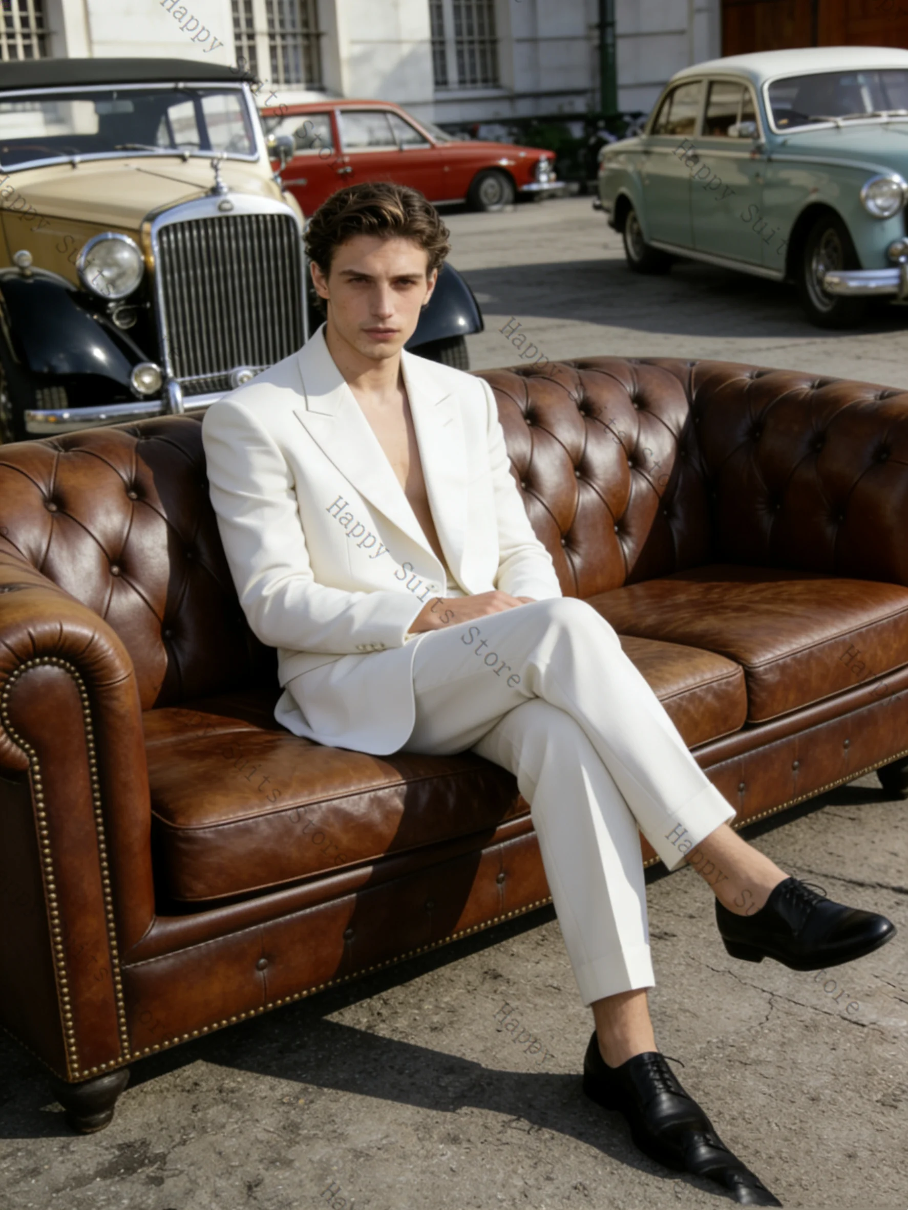 Spring White Men Suit Set 2 Pcs Groom Blazer+Pants Trousers Elegant Formal Office Coat Wedding Tuxedo Customized Jacket Outfit