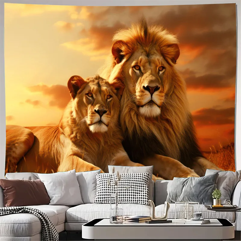 Majestic Lion Pair Sunset Wildlife Tapestry Wall Hanging Jungle Safari Print Decor Artwork for Living Room Hallway