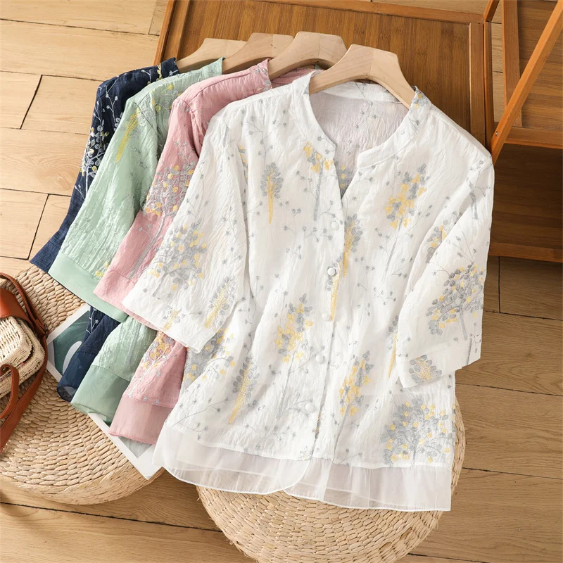 Camisa informal de verano para mujer, blusas informales holgadas Vintage con bordado de flores, camisetas básicas de estilo chino, camisa blanca