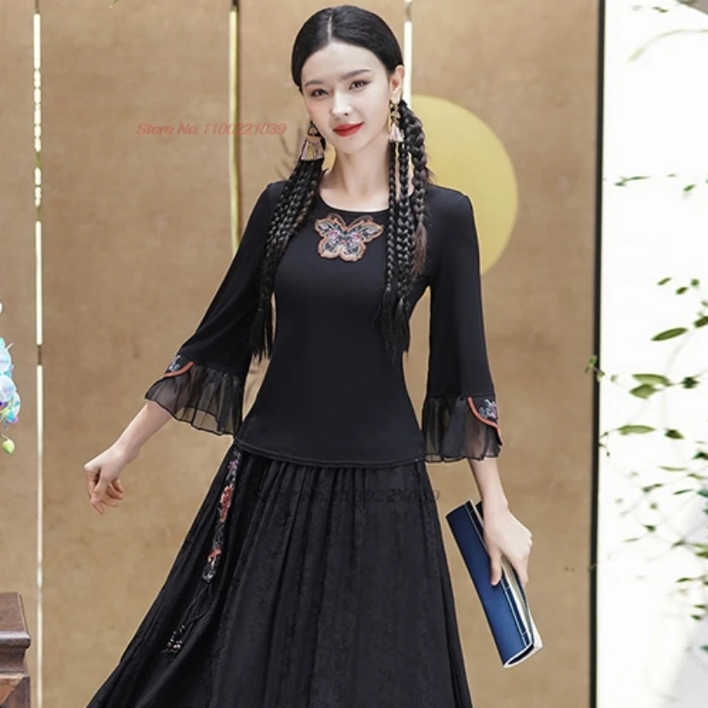 2024 Chinees Traditioneel O-hals Shirt Nationale Bloem Borduren Vintage Shirt Hanfu Tops Oosterse Kant Patchwork Basis Shirt