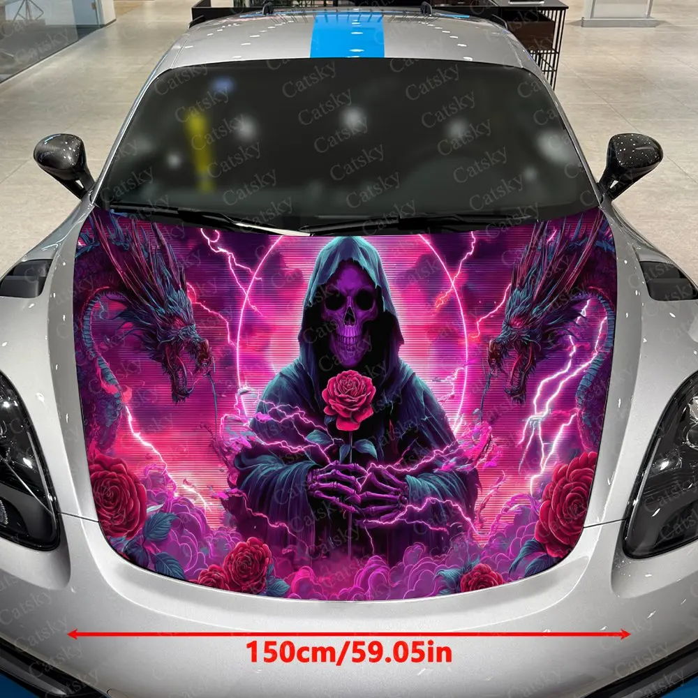 Lightning Dragons & Rose-Holding Reaper Car Vinyl Wrap, PVC Waterproof Car Hood Sticker, Self-Adhesive Scratch-Resistant Sticker