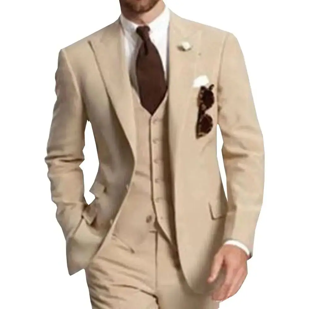 Traje de 3 piezas para hombre, esmoquin con solapa de pico, dos botones, hecho a medida, chaqueta, pantalones, chaleco, para fiesta de negocios,