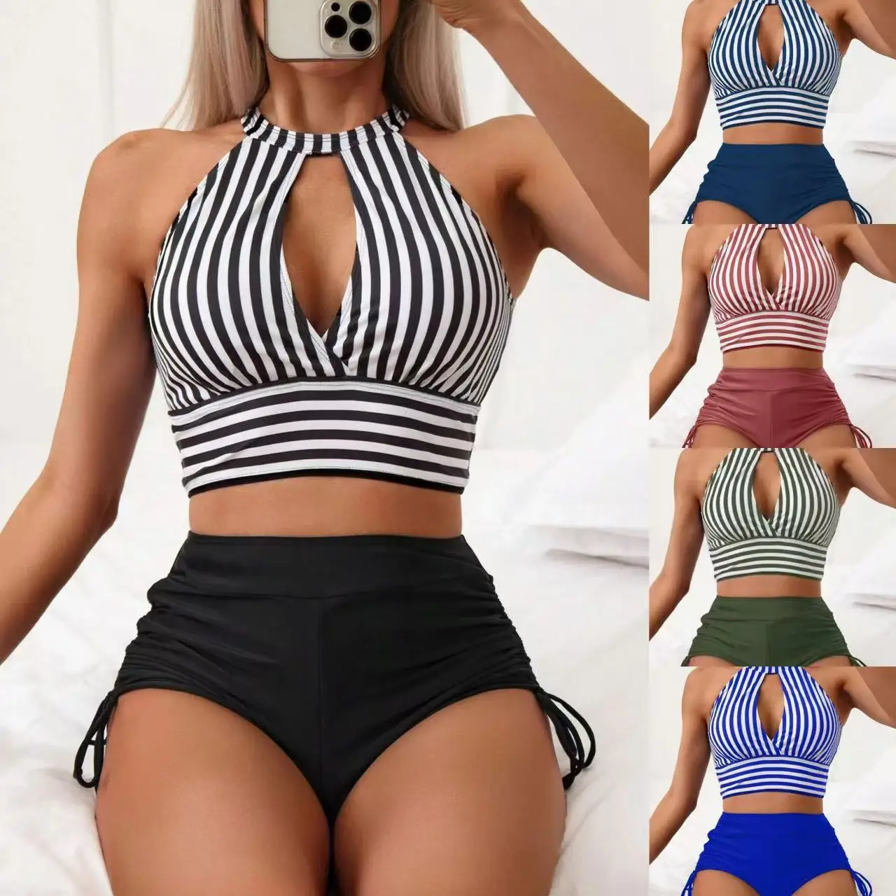 

New Striped Bikini Set Sexy Push Up Tie Side Swimsuit for Women