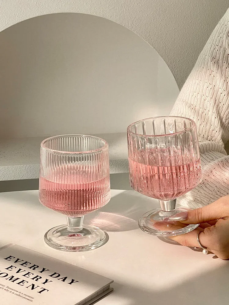 Ins High Aesthetic Value Short Stem Glass Cup Beverage Juice Water Cup Whiskey Glass Ice Cream Cup Vertical Stripes Design