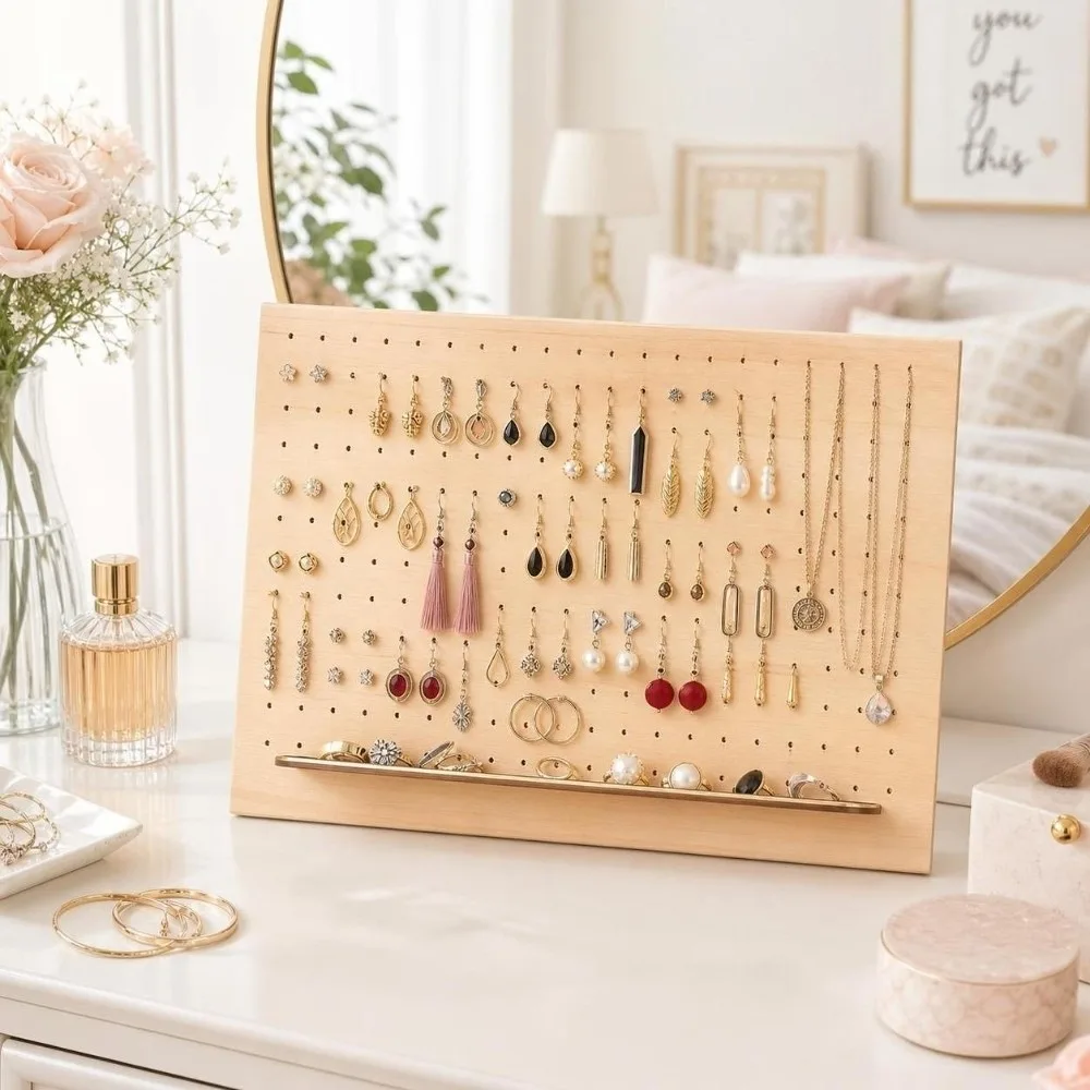 Organizer Wood Earring Holder With Base Large Capacity Earring Stand Porous Jewelry Display Board Bathroom
