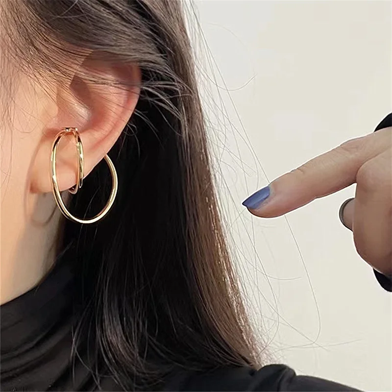 Korean high-end metal geometric line ear clips without ear piercings French Internet celebrity earrings trendy cold wind retro e