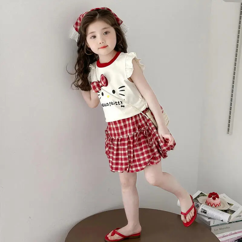 

Fashion Girl Summer Set New Children's Flying Sleeve Cartoon T-Shirt Plaid Skirt Two-Piece Set Baby Bud Skirt Comfortable Skin