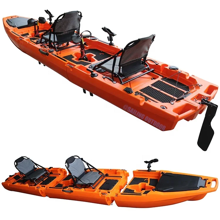 Premium 3-Section Pedal Drive Kayak 4.2m for 2 Anglers, Portable Detachable Tandem Fishing Boat Fits in Truck No Trailer Need