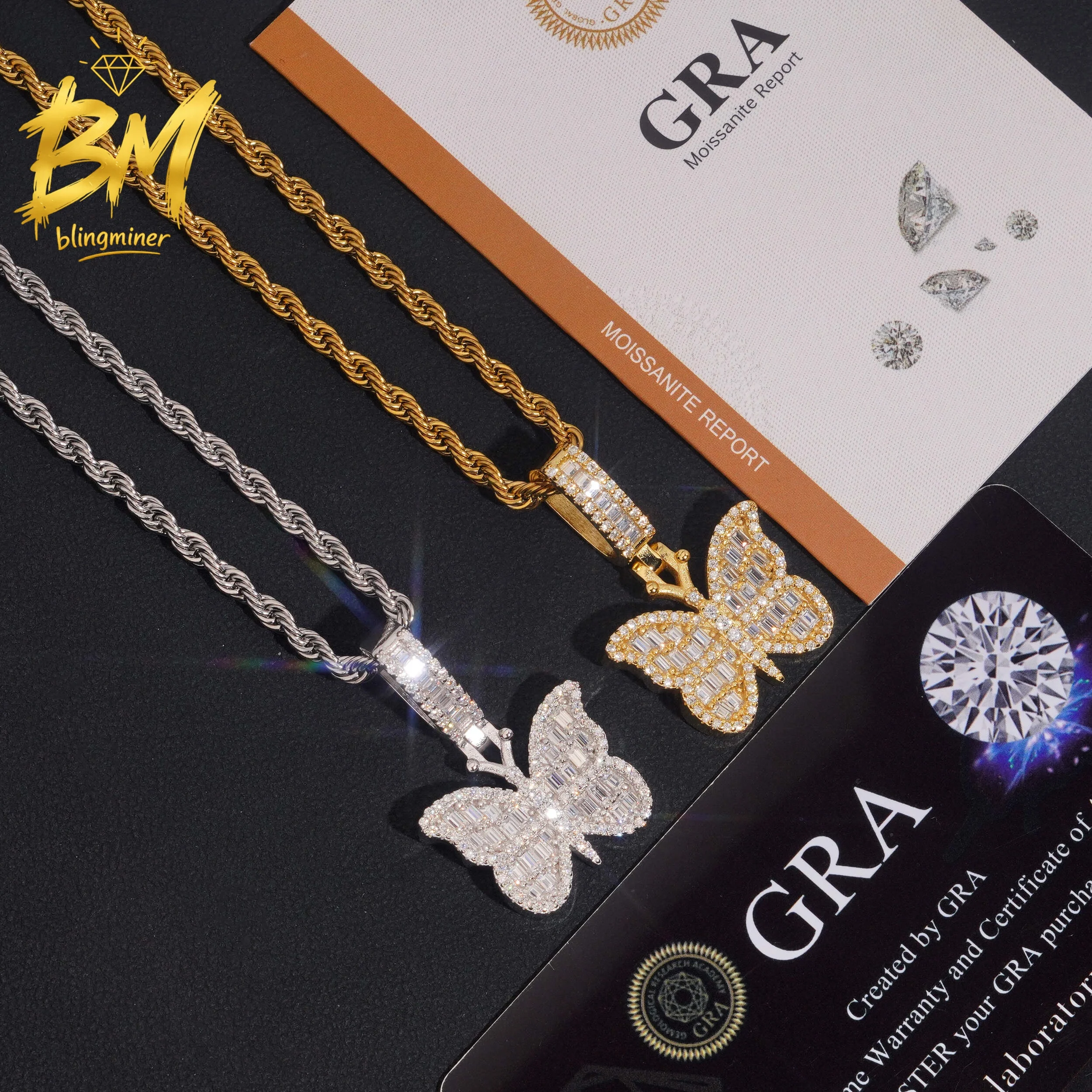Blingminer Hip Hop Butterfly S925 Silver VVS Moissanite Pendant For Men Women Pendants Jewelry Pass Diamonds Tester Free Shippin