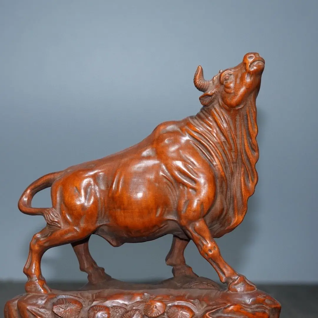 Hand Carved Wood look up at the sky bull ox Statue Figurine Desktop Ornaments Home Decoration