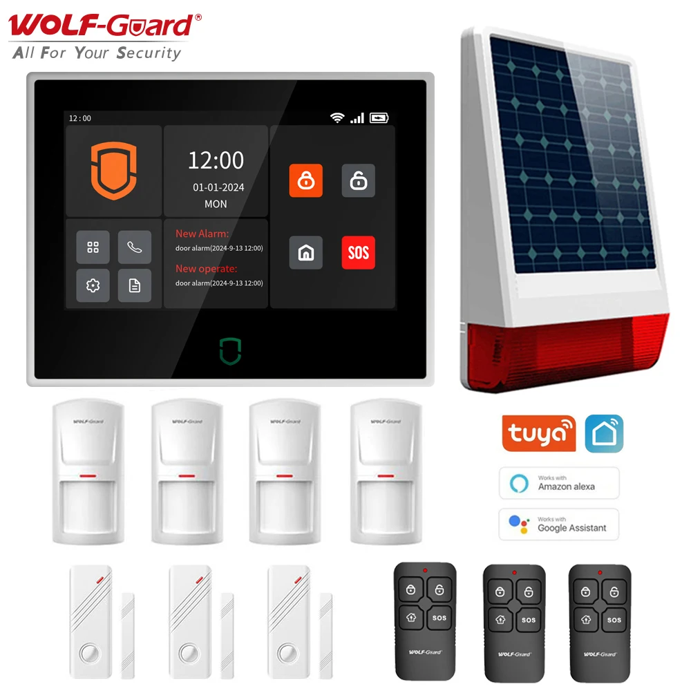 Wolf-guard 7 polegadas tela sensível ao toque wifi 4g tuya smartlife sistema de alarme doméstico kit de proteção de segurança sem fio com sensores sirene