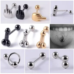 Surgical Steel Middle Finger Gesture Ball Tongue Barbell Stud Piercing Punk Earring Studs Piercing Body Jewelry 1.6X16X5mm