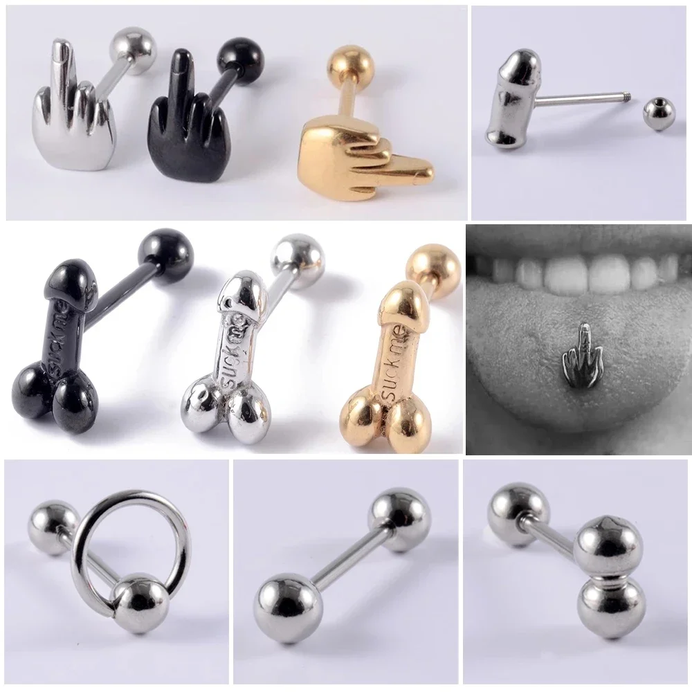 Surgical Steel Middle Finger Gesture Ball Tongue Barbell Stud Piercing Punk Earring Studs Piercing Body Jewelry 1.6X16X5mm