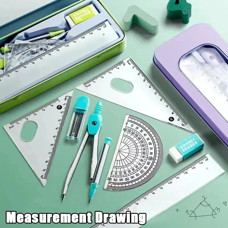 Juego de lápices de brújula de regla para niño y niña, papelería de dibujo de estudiante de matemáticas geométricas, suministros escolares Kawaii,