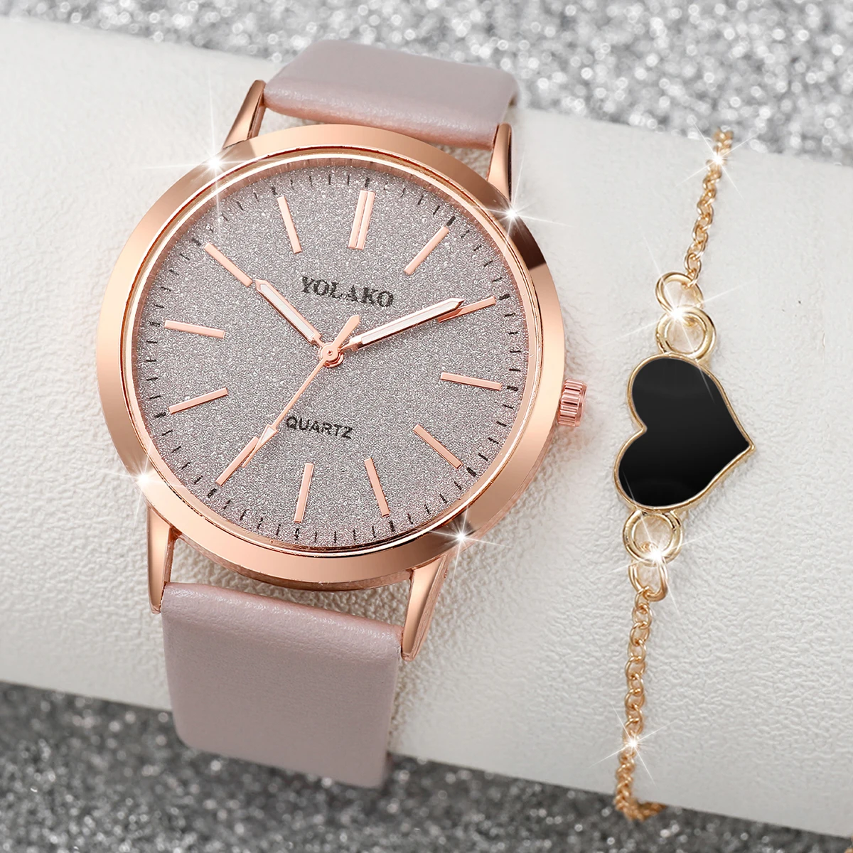 2PCS/Set Women\'s Watch Casual Shiny Fashion Quartz Watch Analog PU Leather Wrist Watch Heart Bracelet