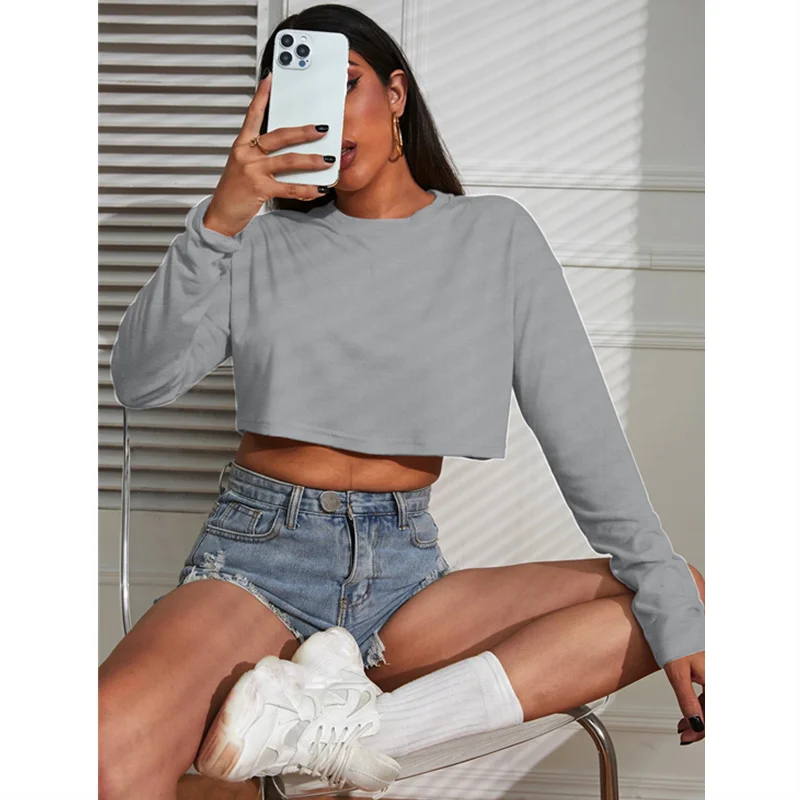 Women Crop Top T-Shirts Solid Thin Loose Fit Crewneck Drop-shoulder Sleeve Top Tshirts Yoga Base Tees Party Club Street Outfit