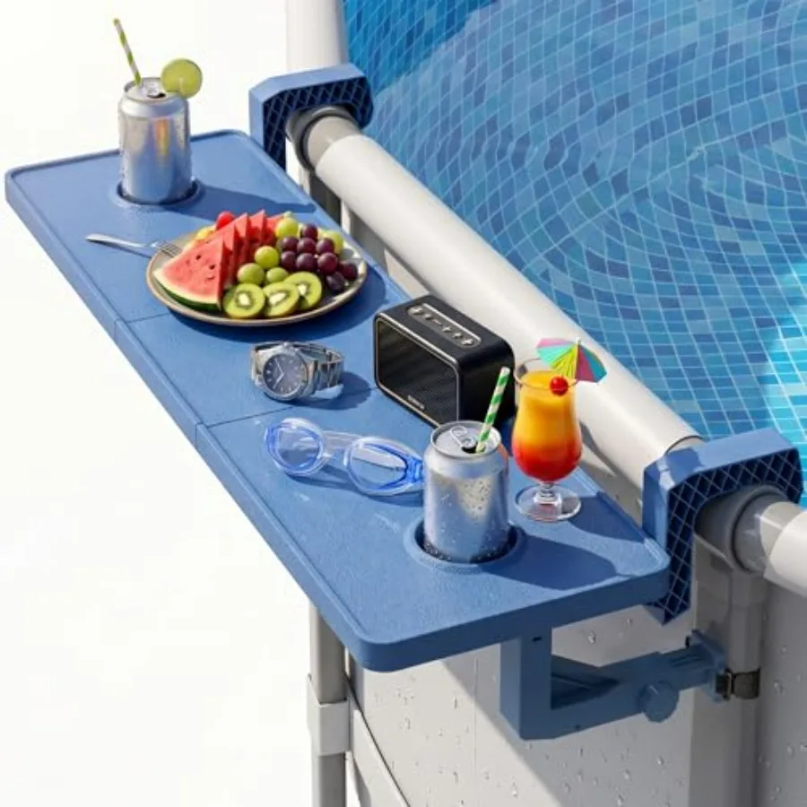 Poolside Bar for Above-Ground Round Pool, Polyethylene, Teal, Adjustable 40.5in Length with Integrated Drink Holder