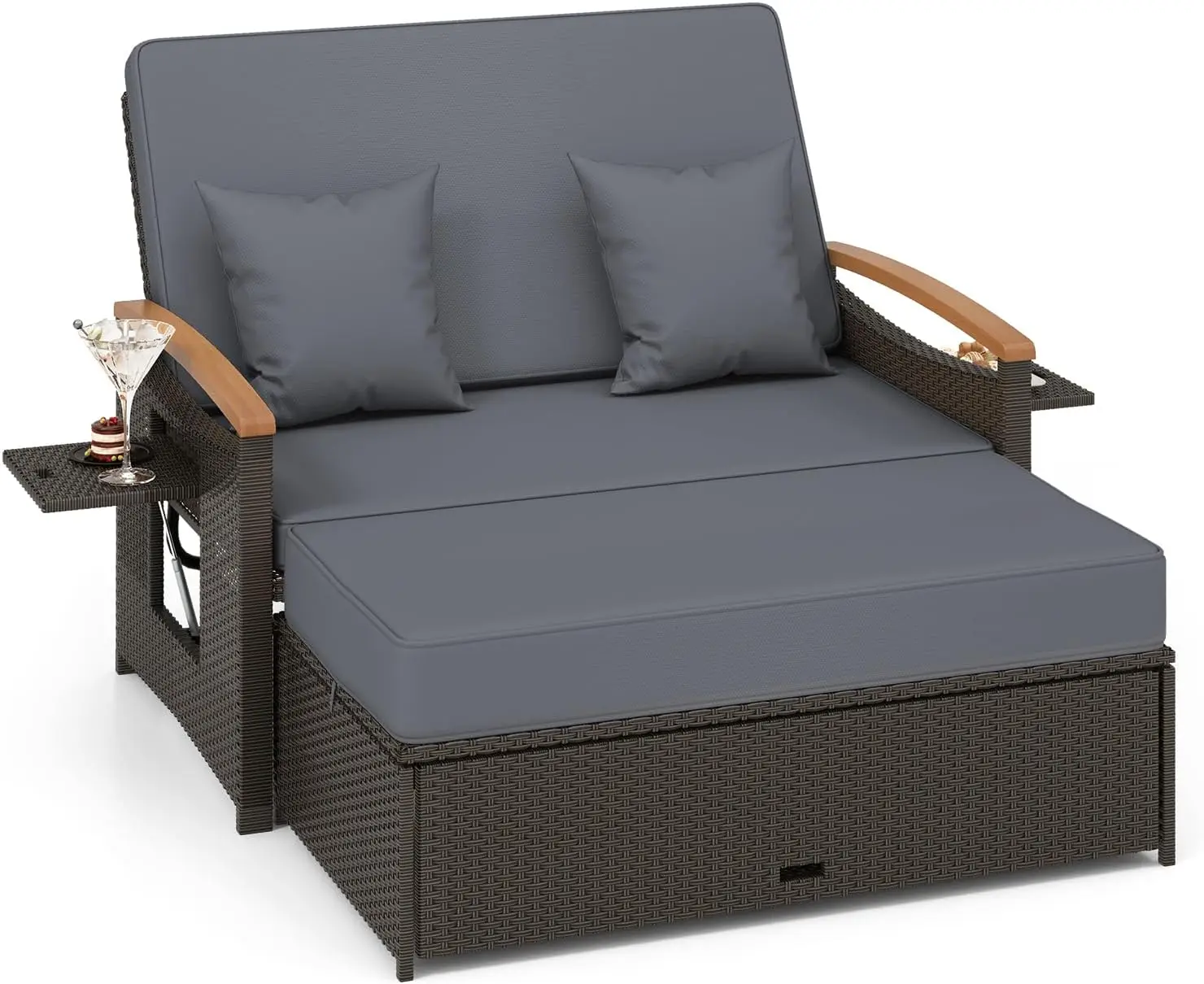 Outdoor Wicker Sofa Daybed, Rattan Loveseat with Folding Panels & Storage Ottoman, 4-Level Adjustable Backrest,