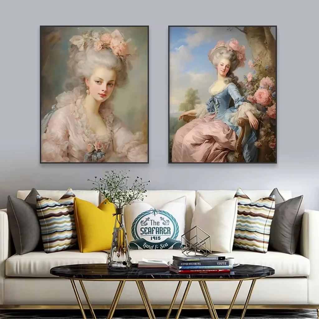 Rococo Princess Canvas Painting Baroque Eurasian Beauty Vintage Poster Pastel Pink Floral Rococo Lady Canvas Painting Decor