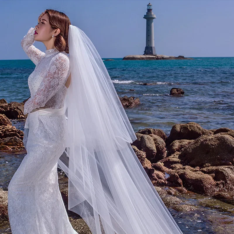 Wholesale Long Wedding Veil 3 Meter Bridal Veil Cathedral with Comb Two Layer Cut Edge Bride Veils Complementos De Boda