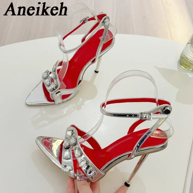 Aneikeh Thin Heels Head Pointed Toe Bling Sandals Party Women Pumps Shoes Totem Buckle Strap Summer Fashion PU Metal Decoration