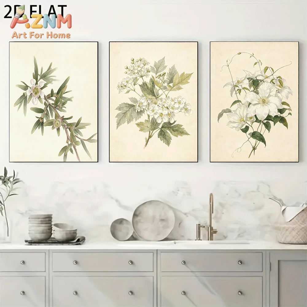 AZNM Frameless Canvas Wall Art, Vintage Botanical White Flower Print, Antique Watercolor Floral Wall Decor for Living Room Bedro