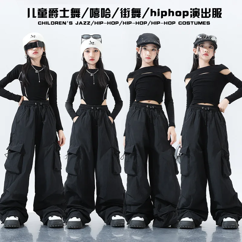 Trajes de Dança Jazz Hip Hop para Meninas Trajes de Dança Modelo Infantil Passarela Manga Longa Calças Pretas