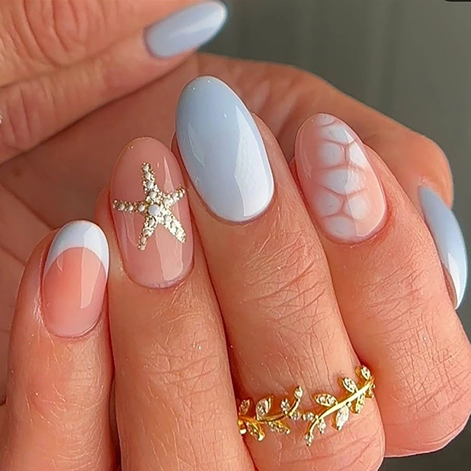 Uñas postizas de verano con degradado francés, flores, estrellas de mar y perlas, removibles y terminadas 5