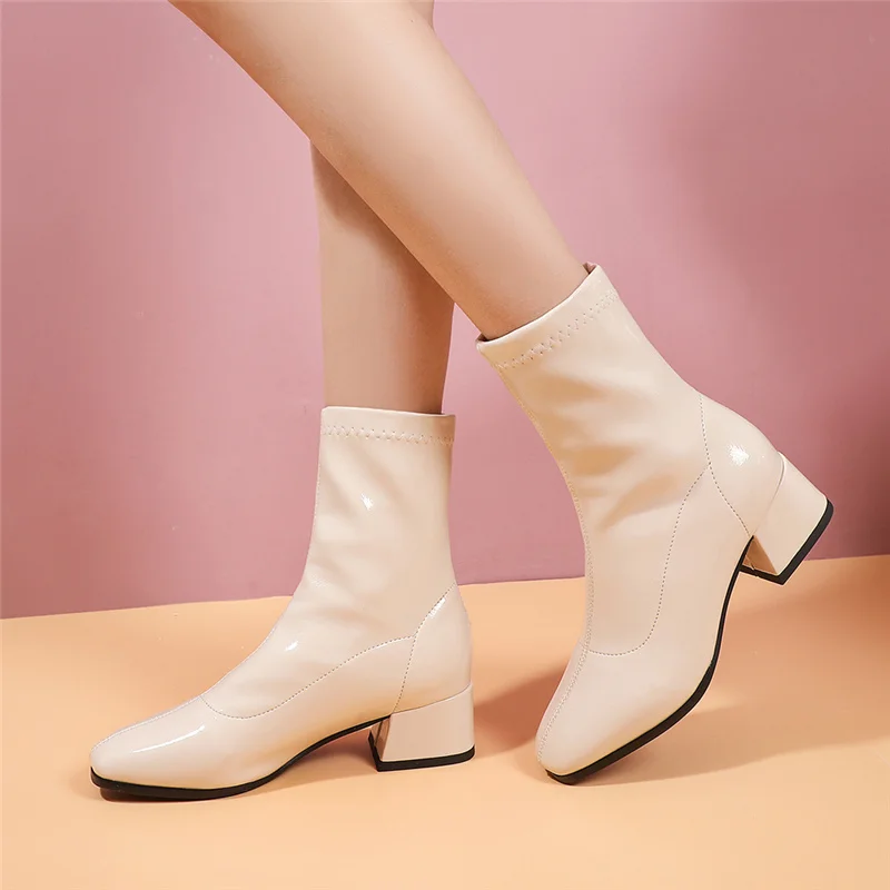 Classic White Ankle Boots for Women Low Heel Short Boot Lady Slip On Patent Leather Gold Silver Party Dance Shoes Autumn Winter