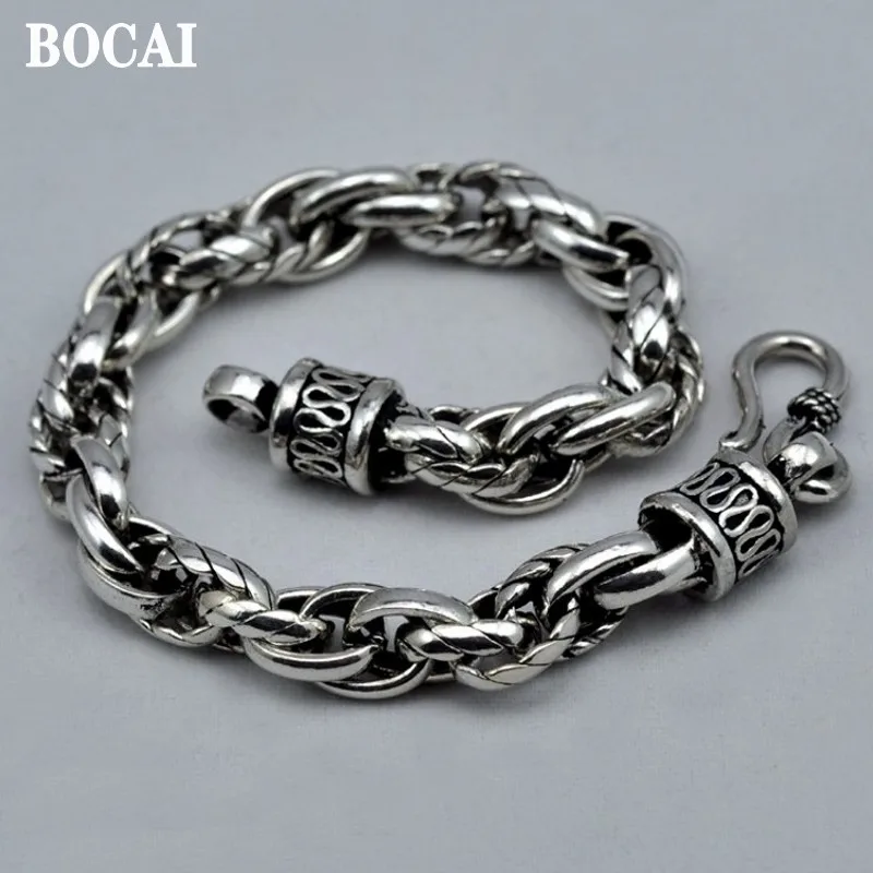 

BOCAI New Trend S925 Pure Silver Jewelry Accessories Retro Punk Circle Chain Pearl Male Genuine Tanks Chain Man Bracelet