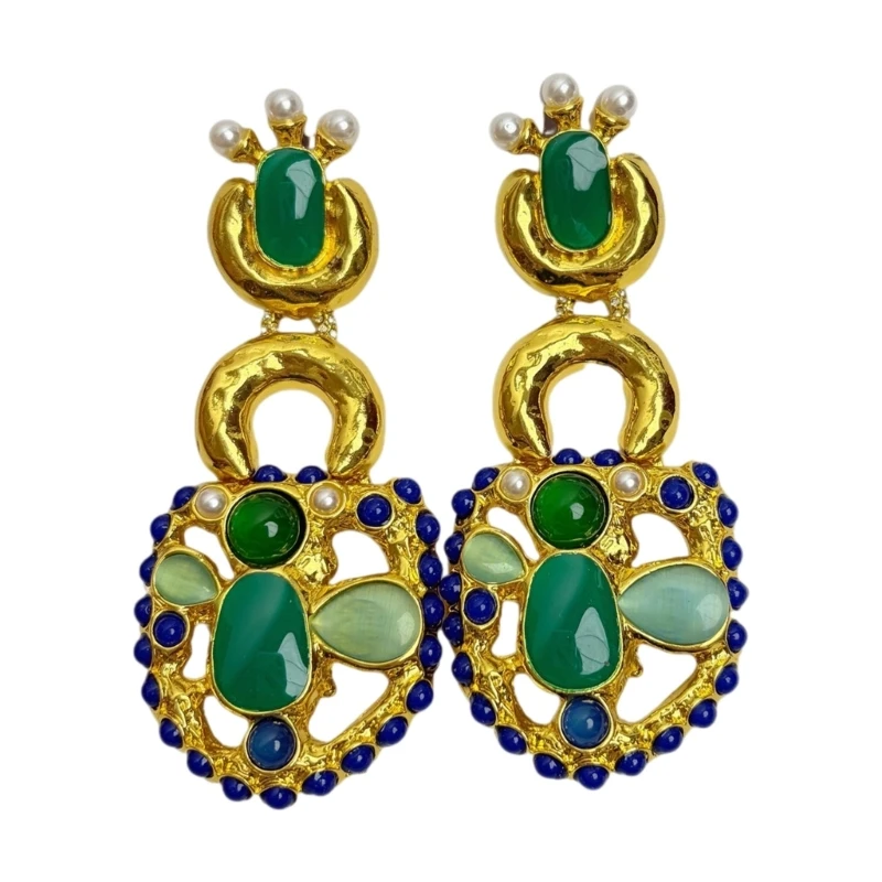 

D46E Retro Lock Design Earrings Adorned With Diamonds And Simulated Pearls