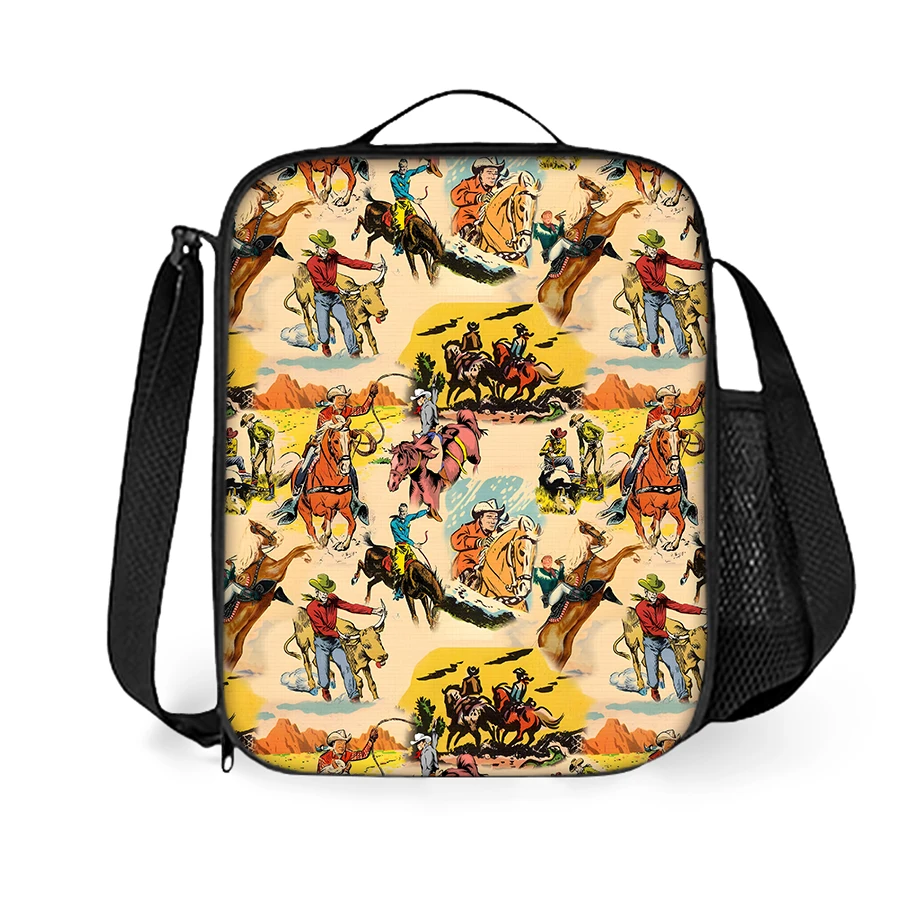 Cowboy Cattle Pattern Shoulder Strap Lunch Bag For Boy And Girls Best Gifts 2D Cartoon School Bento Lunch Box Bag For Children
