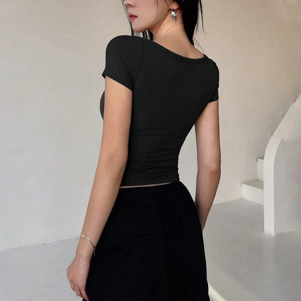 Summer Square Neck Button T Shirt Women Short Sleeve Slim Crop Top Y2K Sexy Low Cut Tees Female Casual Streetwear Crop T-shirts
