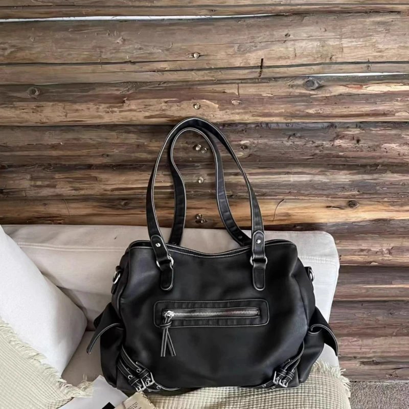 

Stylish Black Leather Tote Bag Multi-pocket Shoulder Bag For Women Zipper & Buckle Design Handbag Student Commuter Underarm Bag
