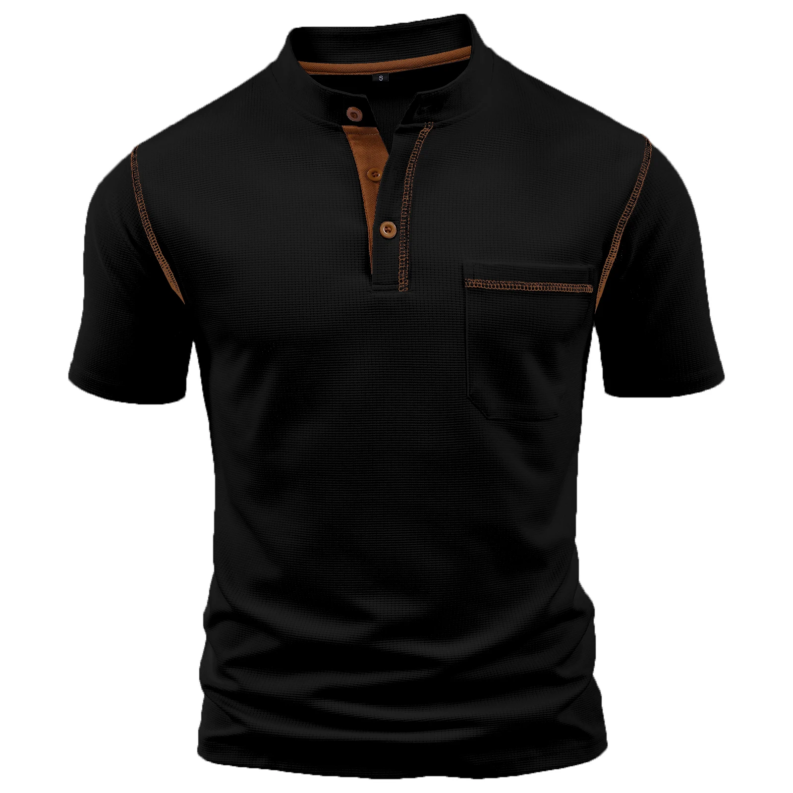 Henry's casual and breathable stand-up collar waffle color-blocked short-sleeved men's T-shirt top