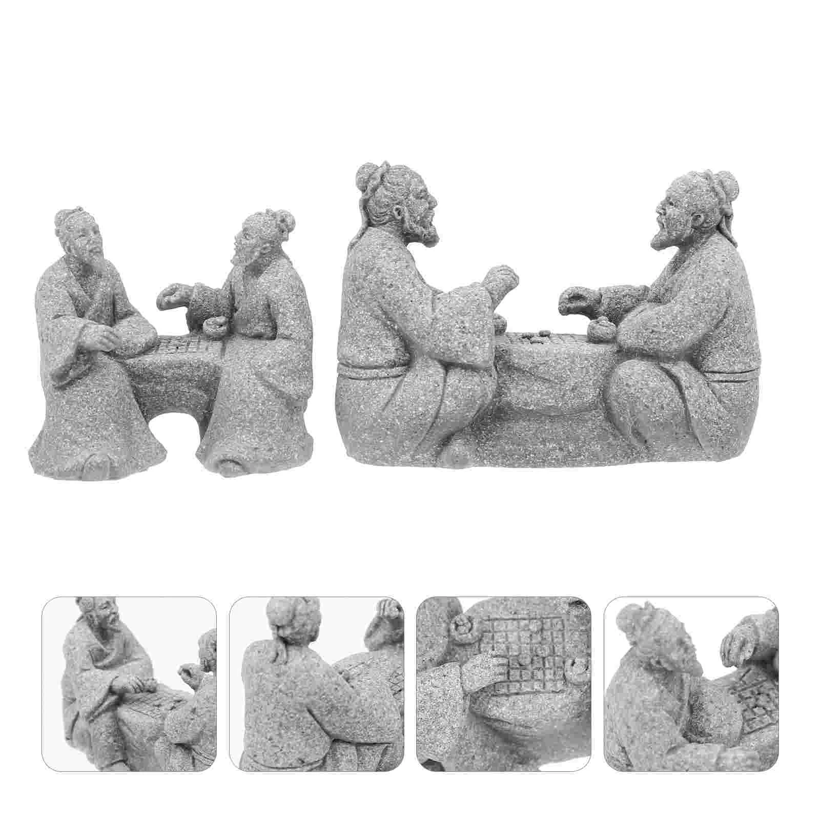 

2 Pcs Fish Tank Old Couple Ornaments Man Yoga Figurines Bonsai Pot Sandstone Craft Zen Decor