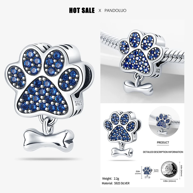 2024 Hot sale 925 Silver Pet Footprints And Bones Shape Charm Beads Fit Pandora Original Charms Bracelet Women Bead Jewelry Gift