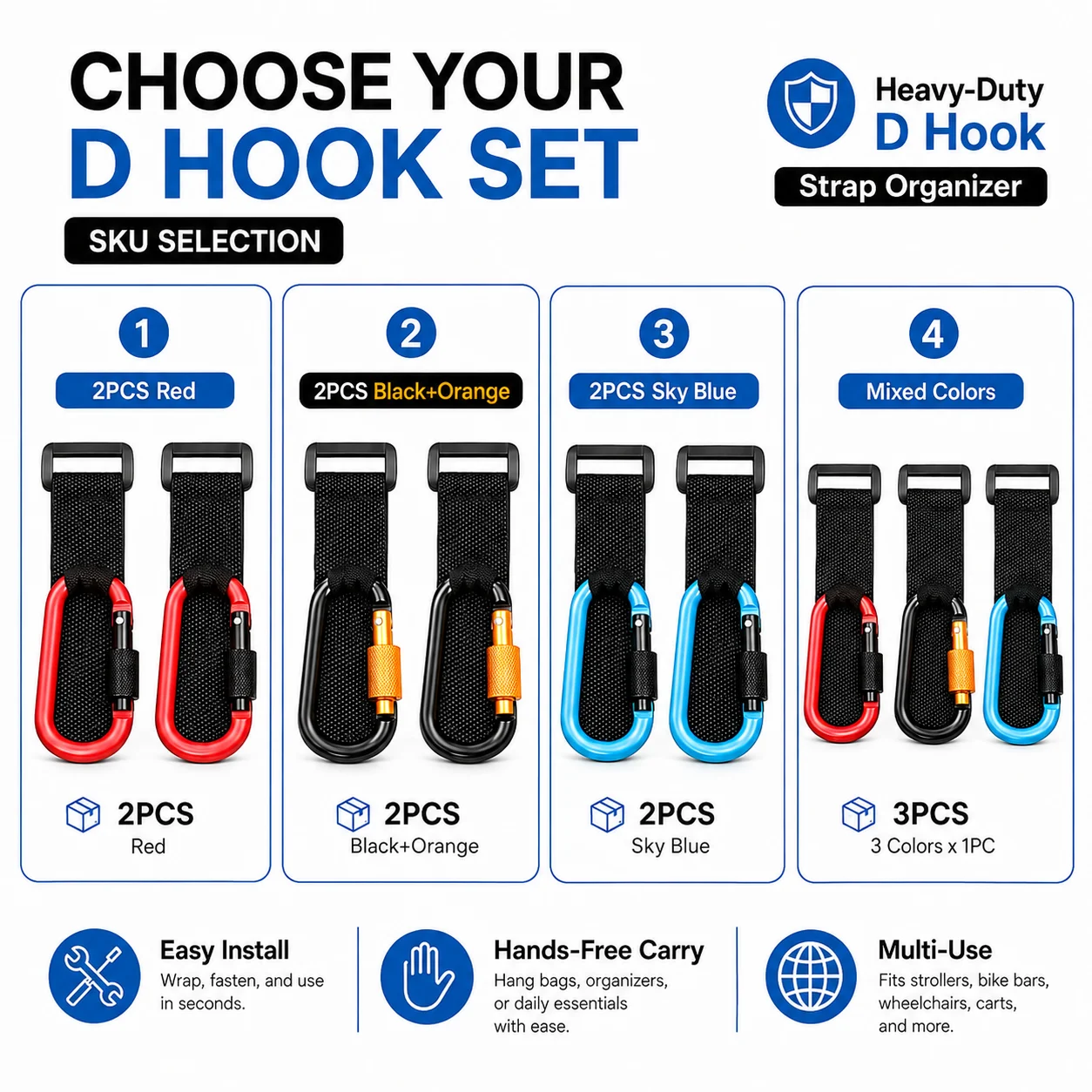2/3PCS Heavy Duty Stroller Hooks D Shape Carabiner Clips with Adjustable Straps for Wheelchair Bike Scooter Cart