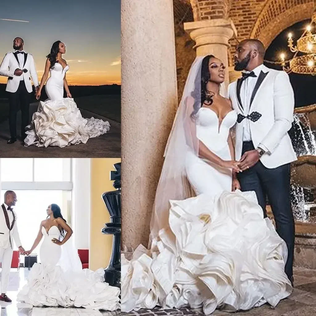 Customized Mermaid Wedding Dresses Cascading Ruffles Cathedral Train African Nigerian Fishtail Wedding Gown Robe De Mariee