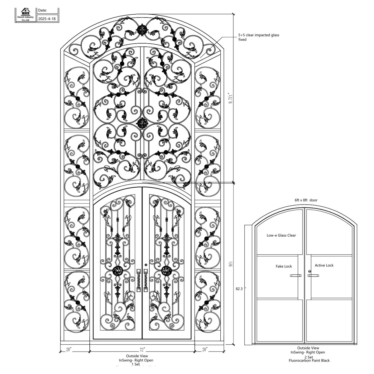 Home High Quality Customized Hurricane Impact Double Glass Exterior Wrought Iron Front Door