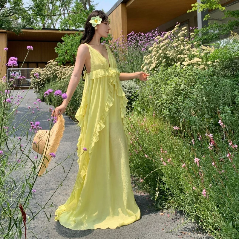 

2026 Vacation Style Solid Color Summer Hot Selling Design Sense V-neck Yellow Ruffle Edge Decorative Dress