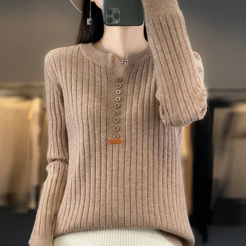 

Elegant Commute Women's Clothing Button Spliced Knitted Pullovers Autumn Winter Fashion Simplicity Long Sleeve Solid Sweaters