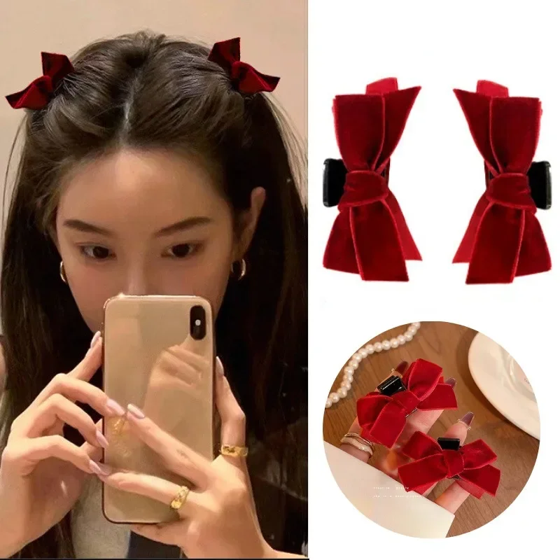 2pcs Sweet Black Red Bow Small Hair Claw Clip Princess Velvet Bow Hair Clip Claw Clamp Headwear Girls Women Hair Styling Tools