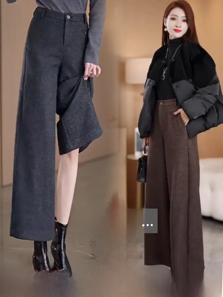 

Thiened Fce Широкие брюки на подкладке Женские повседневные прямые брюки Девять очков с высокой талией для поездок на работу Sle Корейская версия