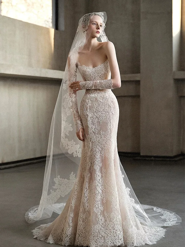 

Customized Vintage Lace Mermaid Wedding Dress Sexy Off Shoulder Long Sleeve Bridal PartryGown Backless Princess Bride Gown