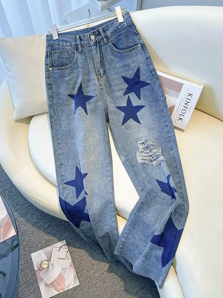 

High Street Sle Star Print Свободные прямые джинсы женские весенне-осенние новые повседневные длинные брюки Faion Pear Ape