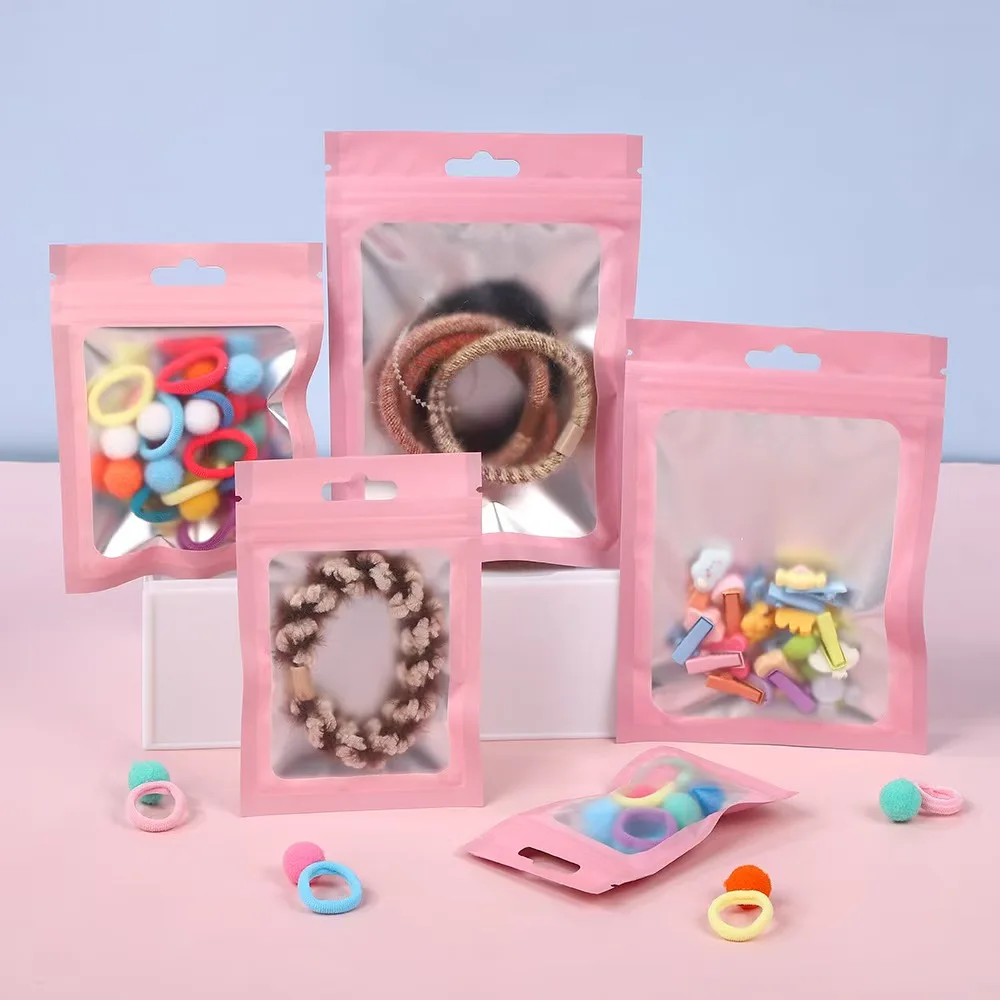 Pink Matte Aluminum Windowed Bags, Fifty Pieces, Packaging Bags for Bracelets, Necklaces, and Rings, Frosted Window Display Self-Sealing Bags, Plastic Packaging Bags for Postcards and Cards