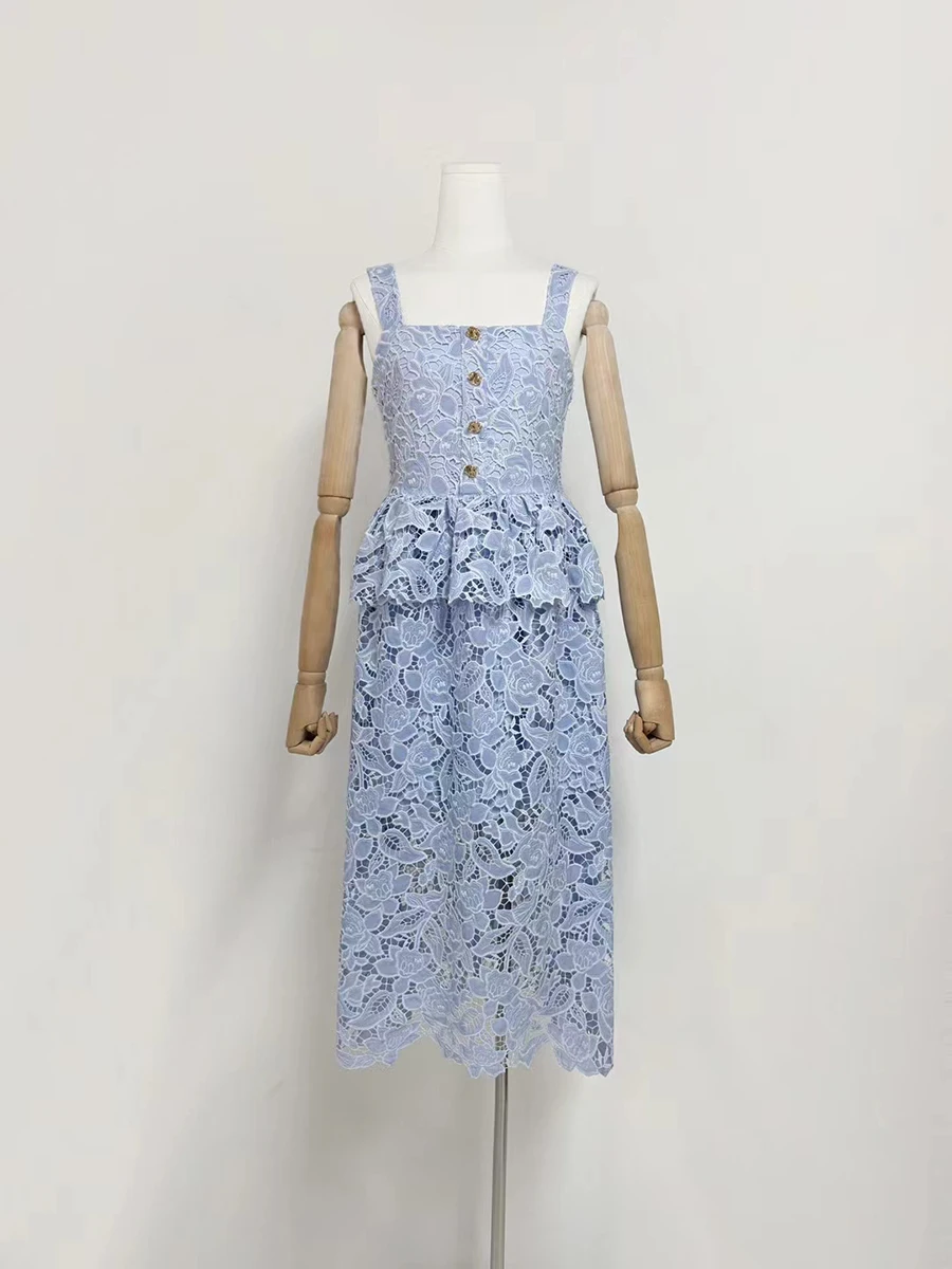 VGH เย็บปักถักร้อย Office Lady Midi ชุดเดรสผู้หญิงสแควร์คอแขนกุดเอวสูง Spliced Ruffles ชุดสายหญิง